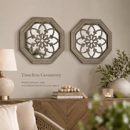 2 Pack 12 Inch Octagon Brown Rustic Wood Frame Acrylic Wall Mirrors, Farmhouse - Image 2