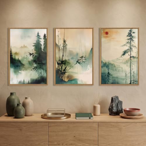 Chinoiserie Landscape Framed Canvas Wall Art Set-24"x36"x3 - Image 3