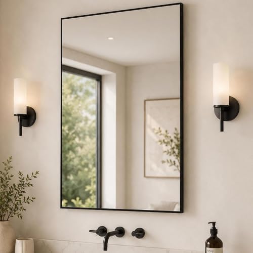 24x36 Matte Black Framed Rectangle Bathroom Vanity Wall Mirror by Pocetry