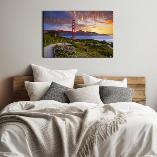 Famous Cityscape Canvas Wall Art Red Golden Gate Bridge Picture Bedroom Wall - Image 4