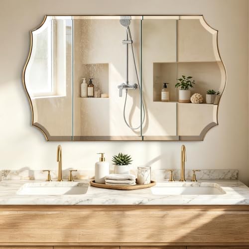 POZINO 48"x30" Premium Brushed Gold Scalloped Beveled Mirror by POZINOmirrorforyourownhomelivingspace