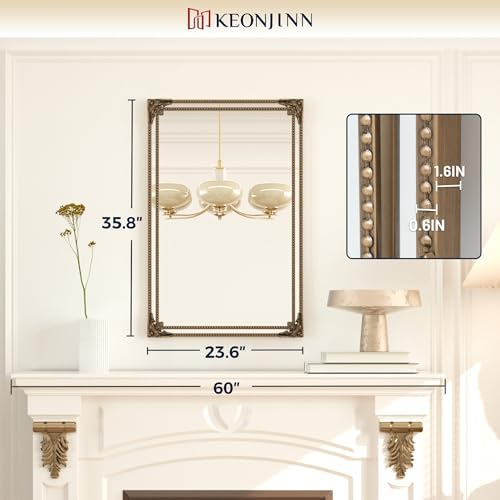 Keonjinn 24x36 Inch Gold Antique Vintage Mirror, Brass Baroque Mirror - Image 6