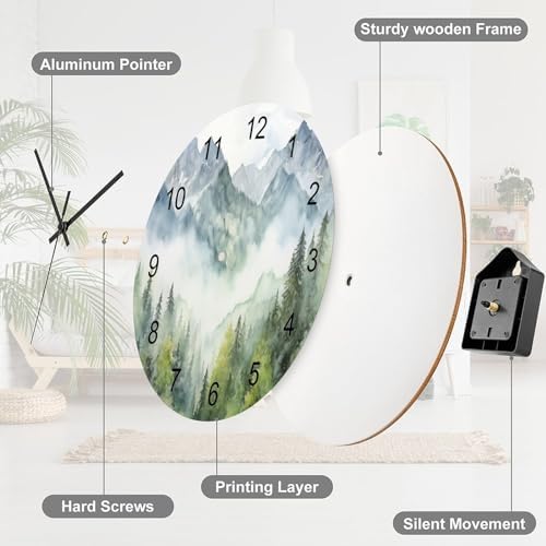 Forest Wall Clock 12 Inch Silent Non Ticking Clock Wooden, Watercolor Style - Image 7