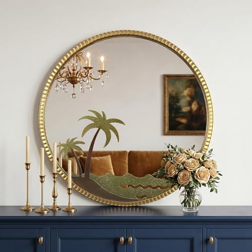 Gold Round Wall Mirror Metal Frame Beach Room Art Decor 32" - Image 3