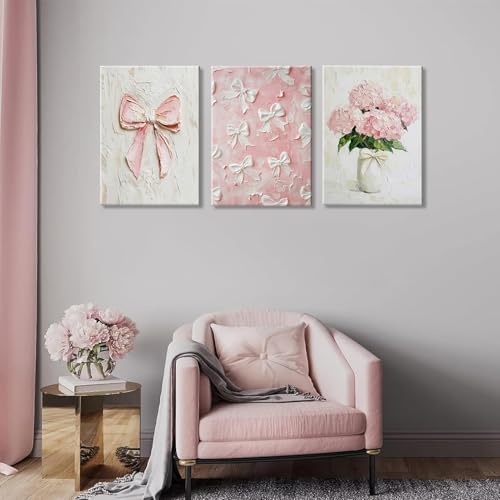 3Pcs Trendy Pink Bows Canvas Wall Art Cute Girly Coquette Watercolor Hydrangea - Image 7