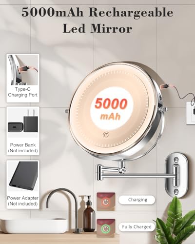 9'' 30X/1X Wall Mounted Height Adjustable Lighted Magnifying Makeup Mirror - Image 5