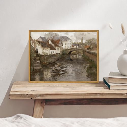 KBKBART Canvas Wall Art Framed Riverside Small Town Artwork Print 12x16inch - Image 3
