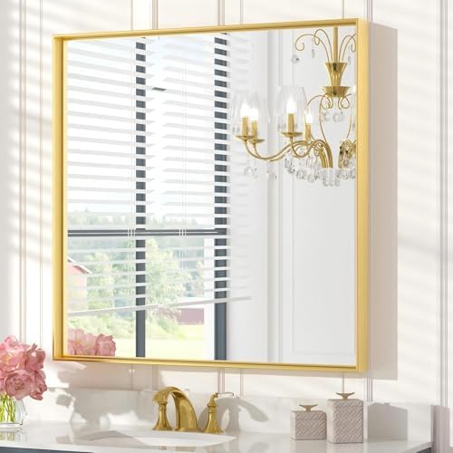 Keonjinn 30x30 Inch Brushed Gold Bathroom Mirror by Keonjinn
