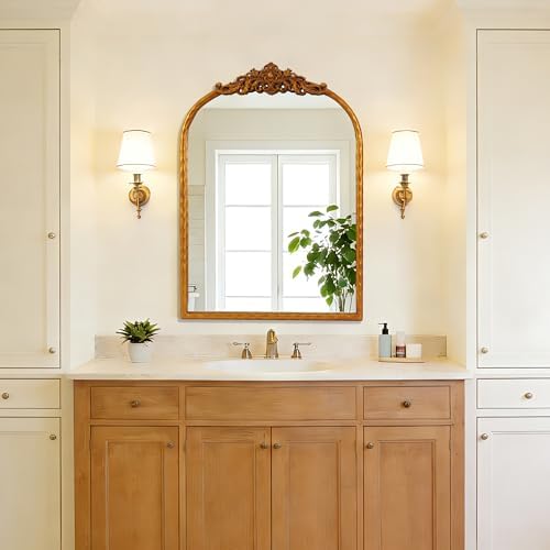 Vintage Arched Gold Mirror 19x27, Baroque Traditional Ornate Gold Antique Wall - Image 2