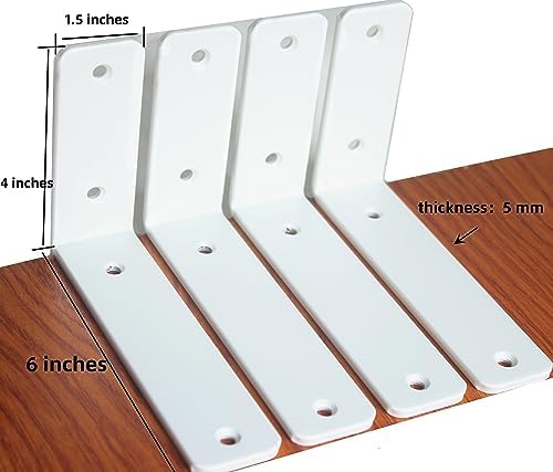 4 Pack - L 6" x H 4" x W1.5, 5mm Thick White L Shelf Bracket, Iron Shelf - Image 2