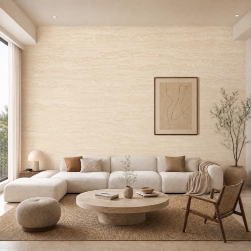 Bumoo Beige Cream Travertine Wallpaper Peel and Stick Limewash Yellow 16" x354" - Image 2