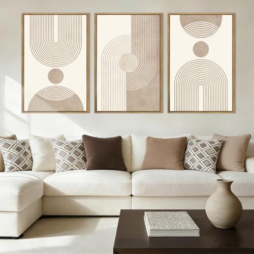 BINCUE Beige Neutral Canvas Wall Art Framed Geometric Abstract Wall Decor Mid - Image 5