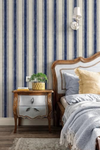 Safiyya Wallpaper Peel and Stick Blue and Cream White Striped 17.3"x393" - Image 2