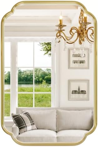 Gold Bathroom Scalloped Mirror, 24” x 36” Rounded Corner Rectangle Wall Mirrors by Wiserset