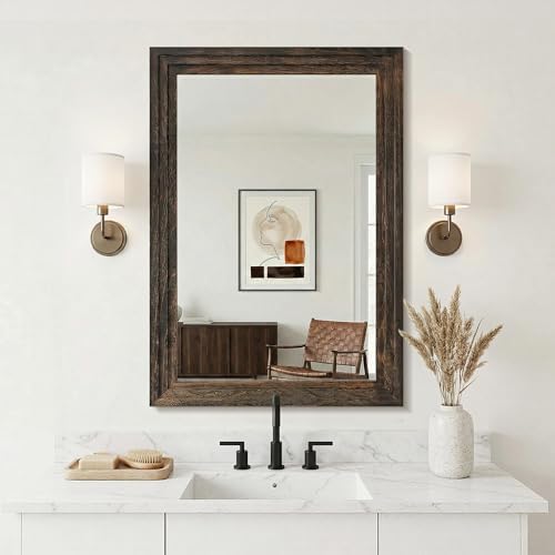 Farmhouse Rustic Wood Framed Bathroom Vanity Mirror - Image 4