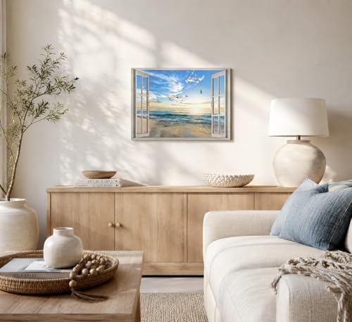 Birnsen Coastal Window Canvas Wall Art Ocean Beach Sunset Painting Picture Wall - Image 6