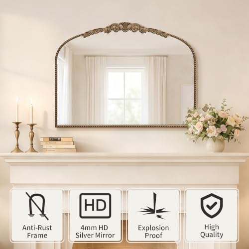 Besdomus Gold Vintage Vanity Mirror: 32"x24" French Baroque Arched Mirror - Image 2