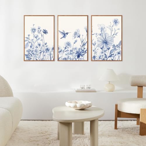 HLNIUC Vintage Blue Bird Flower Framed Canvas Wall Art, Large Chinoiserie - Image 3