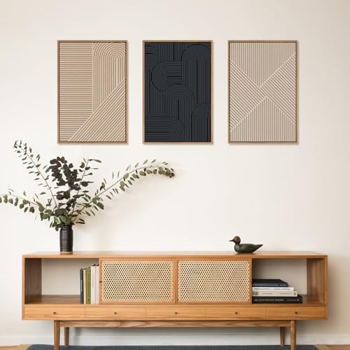 LHIUEM Large Abstract Textured Line Framed Canvas Wall Art, Boho Beige Black - Image 4
