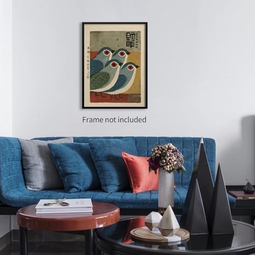 WIUHIO Mid Century Japanese Bird Wall Art Retro Blue Bird Canvas Poster Modern - Image 5