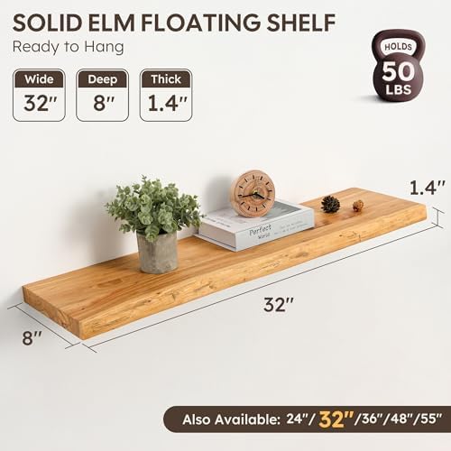 32" Live Edge Floating Shelves, Solid Elm Wood Shelf - Image 3