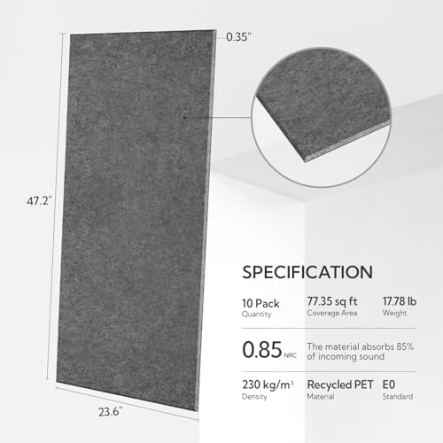 Olanglab Acoustic Wall Panels, 10 Pack, Plain Dark Gray - Image 2