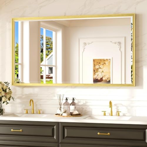 Keonjinn 55" x 30" Gold Bathroom Mirror, Beveled Edge HD Tempered Glass by Keonjinn