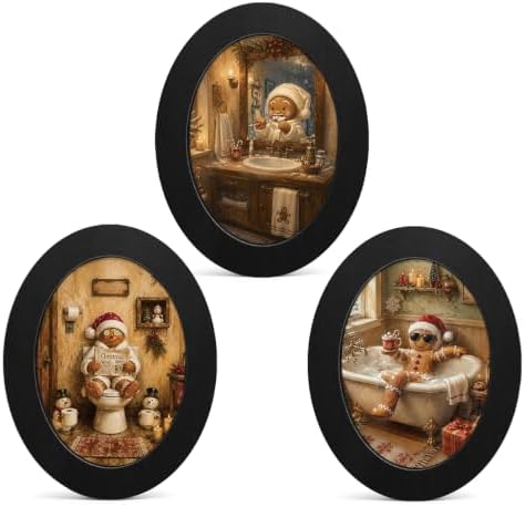 3Pcs Funny Gingerbread Christmas Bathroom Oval Wall Art Framed Decor by Unknown