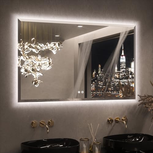 Keonjinn Backlit Mirror Bathroom 48" x 30", Tempered Glass Beveled Edge by Keonjinn
