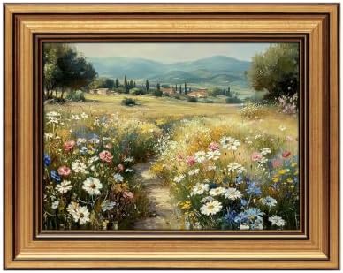 IMNTSD Framed Vintage Tuscan Landscape Wall Art, Wildflower Meadow Countryside by IMNTSD