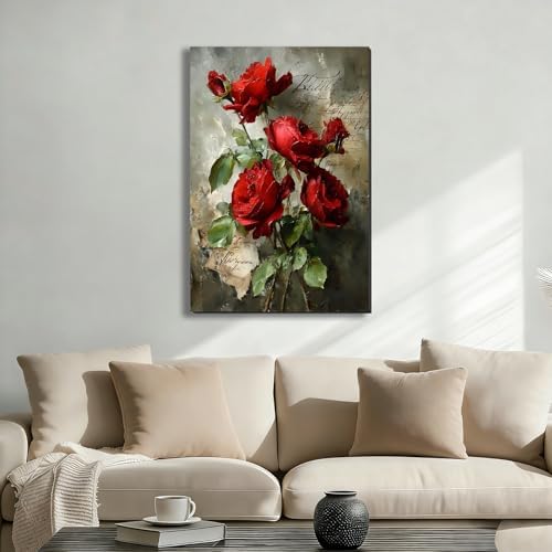 Ship Next Day Red Rose Wall Art Canvas Prints Vintage Floral Pictures Canvas - Image 2