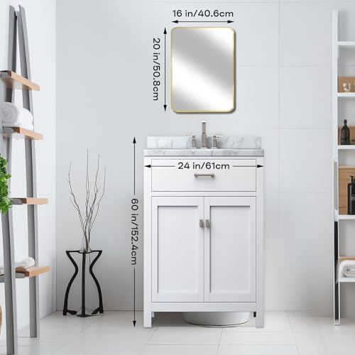 Gold Bathroom Mirror 16x20in, Metal Framed Rounded Rectangle Wall - Image 2