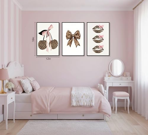 YZLYAD 3Pcs Trendy Leopard Print Wall Art, Fashion Bow Cherry Lips Y2k Poster - Image 3