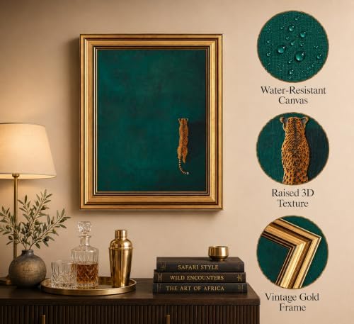 Gold Framed 3D Textured Wall Art, Vintage Green Cheetah Canvas Prints, - Image 2