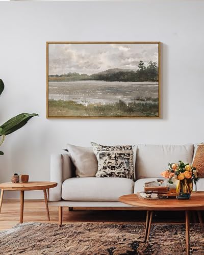 VIYYIEA Vintage Nature Large Framed Wall Art, Lakeside Landscape Paintings Art - Image 2