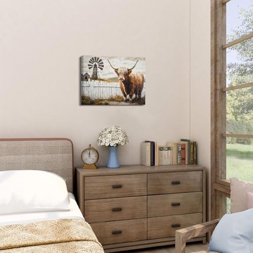 Farmhouse Highland Cow Wall Art Windmill Barn Pictures Western Wall Decor - Image 2