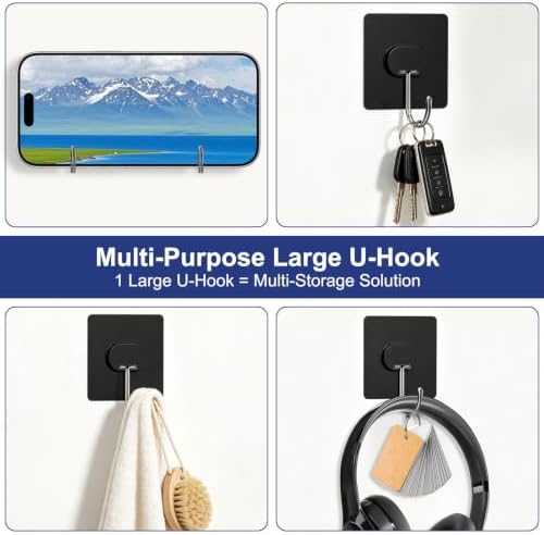Adhesive Wall Hooks No Drill Large Black Heavy Duty, 13LB Sticky 12 Pack - Image 4