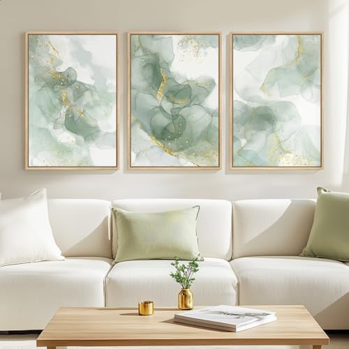 Large Framed Sage Green Gold Abstract Wall Art, 3 Piece Set, Each 20x30 In - Image 5