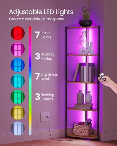 VASAGLE Corner Shelf with LED Lights, 5-Tier Freestanding Bookshelf - Image 3