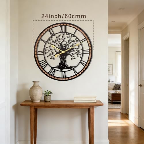 24" Tree of Life Wood and Metal Wall Clock, Rustic Decor - Image 2