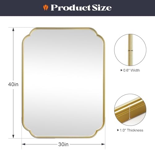 Gold Bathroom Mirror, 30” x 40” Scalloped Rounded Corner Rectangle Wall Mirrors - Image 3