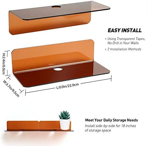 OAPRIRE Acrylic Floating Wall Shelves Brown, No Drill, 9 Inch 2 Pack - Image 2