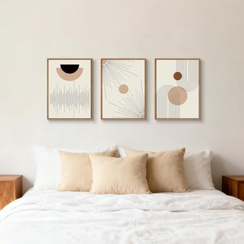 3 Pcs Boho Beige Geometric Lines Framed Canvas Minimalist Wall Art 16"x24" - Image 5
