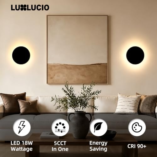 Hardwired 9" Round Backlit Black Modern Indoor LED Wall Sconce - Image 2