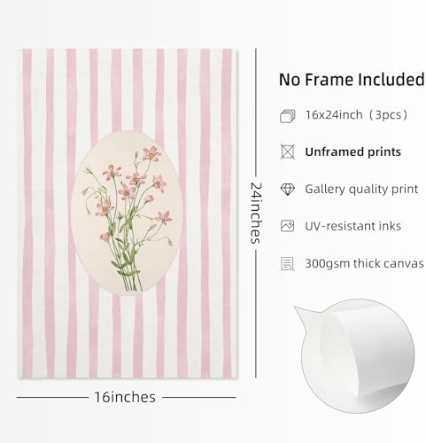 Youillne Pink Flower Wall Art Striped Floral Prints Botanical Canvas Wall Decor - Image 2
