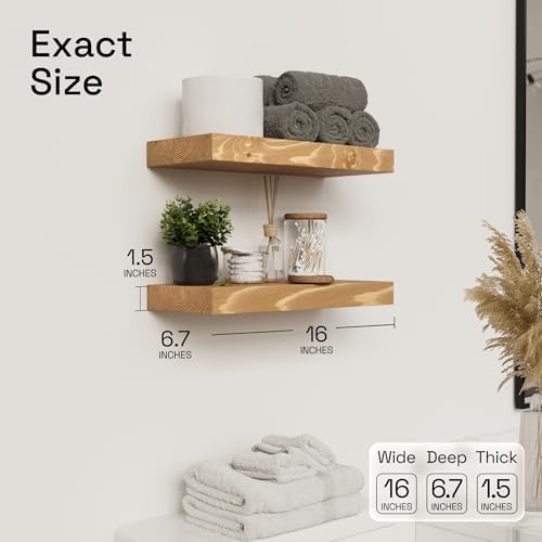 Natural Wood Floating Shelves for Wall 16 Inch Oak, Wooden Bathroom Shelf - Image 3