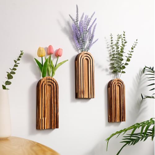 Ziliny 4 Pack Boho Wall Planters Wood Hanging Vases Indoor, Dark Brown - Image 4