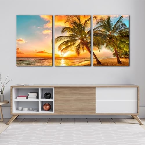 3 Panels Sea Landscape Modern Wall Art Ocean Sunset Canvas Prints Sea Beach - Image 3