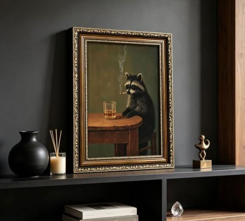 Vintage Gold Framed Smoking Raccoon Wall Art, Moody Dark Funny Animal Whiskey - Image 2