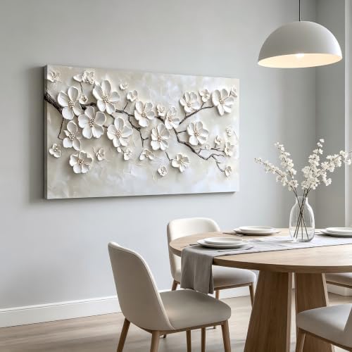 Large White Flower Canvas Wall Art Texture Plant Floral painting Decor Pictures - Image 5